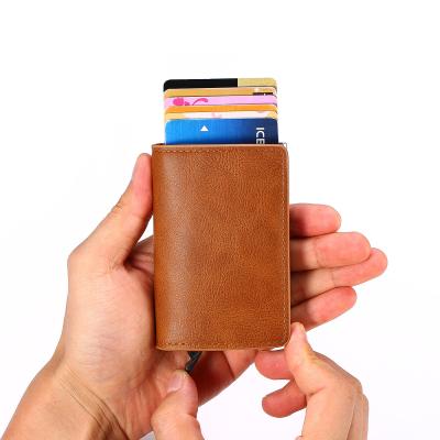 China RFID Blocking Protect Wallet Pop Wallet Genuine Leather Aluminum Slim Card Holder Custom Color Accepted RFID Blocking Men's Wallet for sale