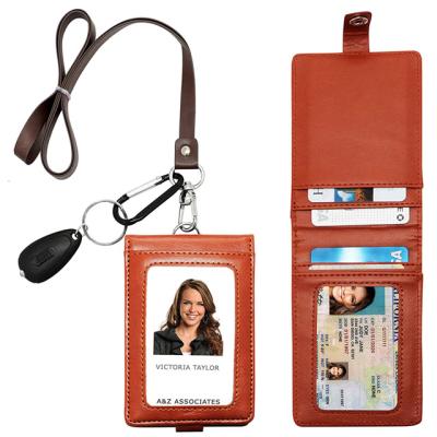 China Custom Leather 2-Fold Duty ID Card Badge Holder Credit Card Holder with Lanyard for sale