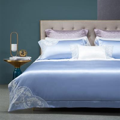 China Southsilkroad Anti-bacteria Four Piece Luxury Blue 22MM Bedding Set 100% Pure Silk Great Color Fastness for sale