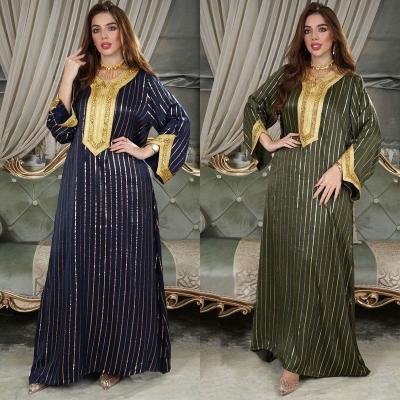 China Muslim Polyester AB169 Middle East Dubai Poly-cotton Striped Feature Lace Rhinestone Saudi Arabia Hot Stamping Evening Dress for sale