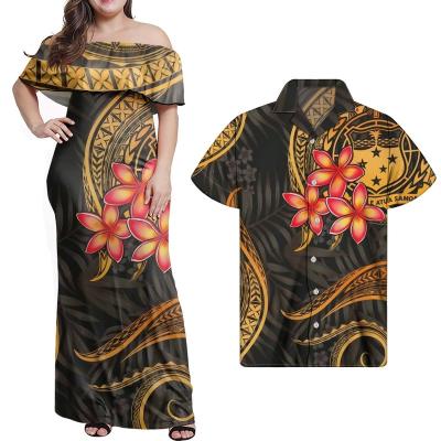 China Anti-Static Couples SAMOAN Clothes Polynesian Tribal Design Casual Women Off Shoulder Ruffle Dress And Trims Stylish Men&Women Match Clothes for sale