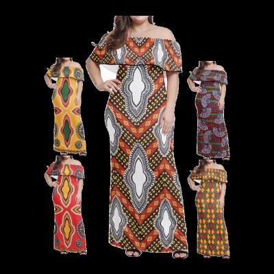 China 2021 Custom african tribal one piece pattern logo 7xl anti-static plus size boat neck strapless stayfree dress ladies vestido largo maxi for sale