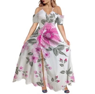 China Dressfinepay Deep V-Neckline Allure Stitching Satin Evening Dresses Anti-Static Women Plus Size Chill Maxi Bohemian Split Dress Floral for sale