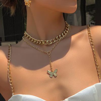 China Nickel Free 2021 Fashion Lead Free Double Layered Butterfly Necklace 18K Gold Plated Gold Link Chain Butterfly Necklace for sale