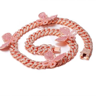 China Nickel Free Hotselling Luxury Custom Hips Hops Crystal Choker Necklace Rose Gold Butterfly Cuban Chain 12mm Bling Bling Rhinestone for sale