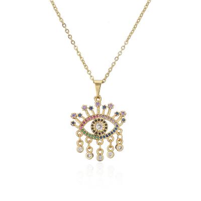 China Nickel Free Lead Free European And American Copper Retro Micro Inlaid Jewelry 18K Gold Plated Drop Oil Zircon Eye Pendant Necklace for sale