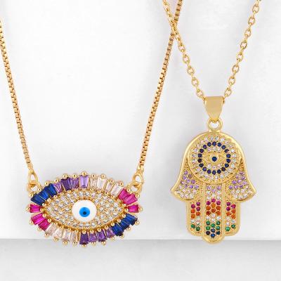 China NEW FASHIONABLE Fatima Hamsa Hand Enamel Charm Necklace Blue Evil Eyes Set Zircon Pendant Neck Chain for sale