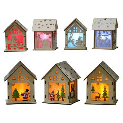 China Christmas Decorations Holiday Ornaments Led Light Wooden House Christmas Tree Hanging Decoration Led Light Wooden House for sale