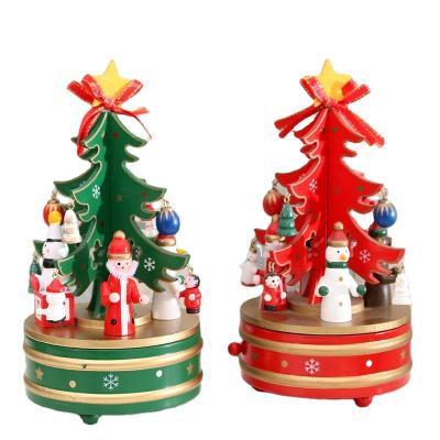 China Eco-friendly Christmas Ornaments Wooden Rotating Christmas Music Box Christmas Decoration Kids Gifts for sale