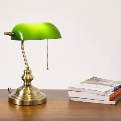 China Traditional Traditional Bankers Table Lamp with Green Glass Shade and Polished Brass Finish for sale