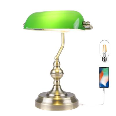 China Retro Pull Chain Switch OEM Table Lamp with USB Charging Ports, with Retro Green Glass Shade for Living Room Bedroom for sale