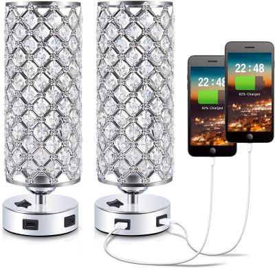 China Contemporary USB Crystal Beside Lamps Table Lamps with 5V 2A USB Charging Ports for Smart Devices and Telephones for sale