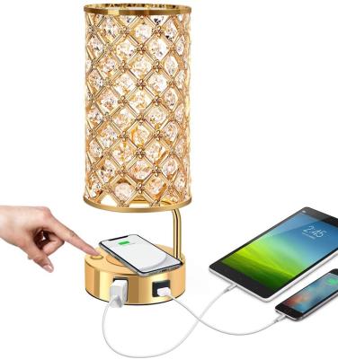 China Modern Telephone Wireless Charging 3 Way Touch Dimmable Crystal Table Lamp 3000K Nightstand Lamps with Dual USB Charging Port and AC Outlet for sale