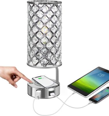 China Modern Amazon Crystal Decorative Beside Desk Lamp 3 Ways Dimmable Touch Control Table Lamp with 5V 2A Qi Wireless Fast Charging Supply for sale