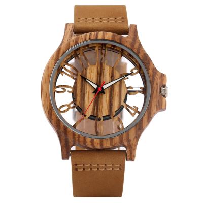 China 2021 New Arrival Zebra Wood Creative Wood Watch Band Leather Hollow Out Day/Date Digital Wristwatch For Women Men for sale