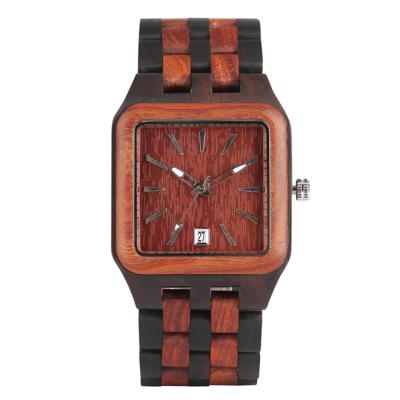 China Day/Date Private Label Date Calendar Ebony Red Sandalwood Square Wood Automatic Wrist Watch For Men for sale