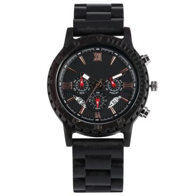 China Day/Date OEM Private Label Custom Three Eyes Chronograph Calendar Ebony Wood Wrist Watch for sale