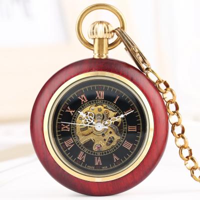 China Vintage Antique Hand-winding Mechanical Red Wooden Pocket Watch For Women Roman Digital Pocket Watch For Adult for sale