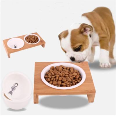 China Sustainable Luxury Pet Rolls Bamboo Pet Feeder Bowl With Bamboo Shelf Ceramic Pet Bowl With Stand for sale