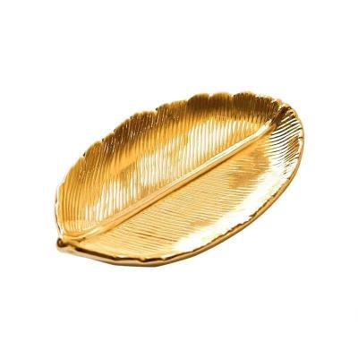 China Gold CERAMIC Elegant Ceramic Jewelry Tray With Leaf Shaped Trinket Display Storage Tray For Female for sale