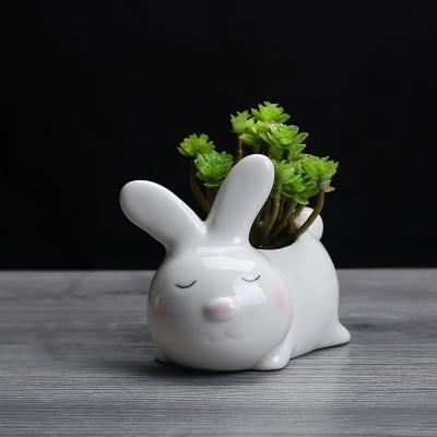 China Wholesale CLASSIC Ceramic Cartoon Creative Rabbit Flower Pot Desktop Porcelain Animal Succulent Gardening White Flower Pot for sale