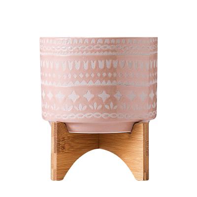 China Indoor CLASSIC Modern Ceramic Round Decorative Flower Pot With Wood Planter Holder for sale