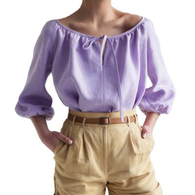 China Anti-wrinkle women bow neck ramie top elegant casual blouse with puff sleeves for sale