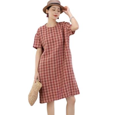 China Anti-Static Women Summer Straight Red Plaid Grid Dress Loose Cotton Linen Dress for sale