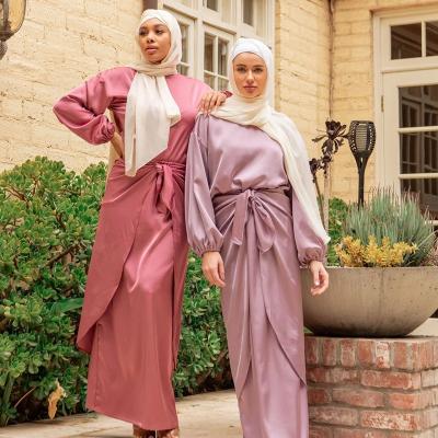 China Breathable Muslim Abaya Fashion Twist Mixed Berry Wrap Three Piece Top Skirt Set for sale