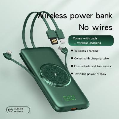 China Quick Charge Support power bank 20000mah Large capacity wireless Portable mobile phone charger Power pack Built in 4 cable outdoor power supply for sale