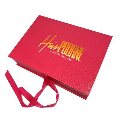 China Chengde Waterproof Best Selling Luxury Magnetic Packaging Box For Hair Extension Custom Logo Red Wig Packaging Box With Striped Satin for sale