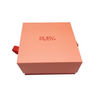 China Waterproof Luxury Pink Book Shaped Flat Folding Foldable Cardboard Paper Packing Box Ribbon Closures Gift Boxes With Magnetic Lid for sale