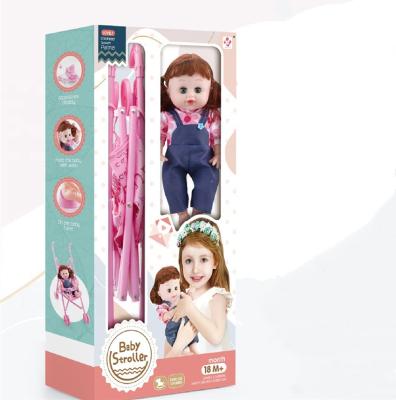 China Cartoon Toy Factory Wholesale 16 Inch Drink And Pee Vinyl Doll With Stroller For Indoor Children Pretend Play Toy Set for sale