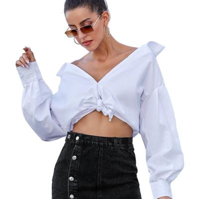 China Lady Puff Sleeve Shirt Cotton Button Anti-pilling Bubble Fashion White Work Retro Blouse Top for sale