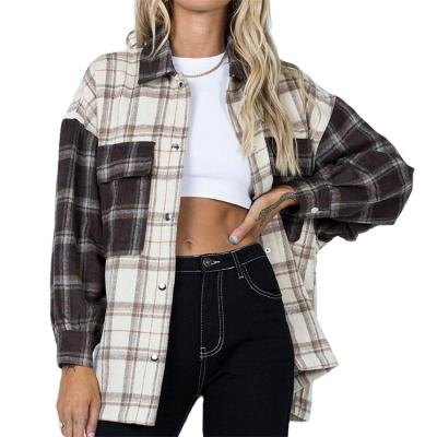 China Digitally Printed Plaid Ladies Long Sleeve Spring Autumn Jacket Women's Big Pocket Woolen Shirt Jacket for sale