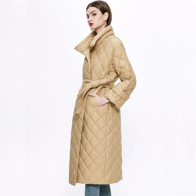 China New Viable Winter Solid Down Jacket Women's Long Thick Warm Loose Diamond Lattice Comic Collar Temperament Down Jacket for sale