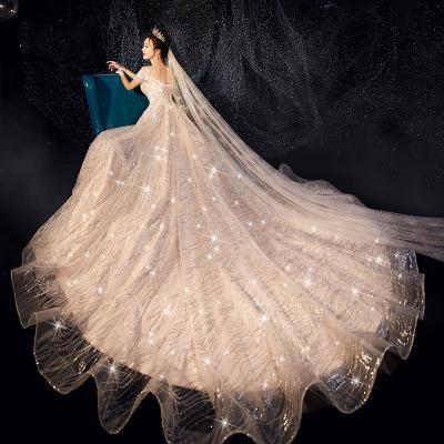 China 2021 new arrivals luxury finished wedding dress dream sky tail wedding dress women breathable starry bride main champagne for sale