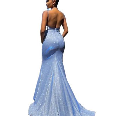 China Breathable Ready To Ship Women To Tie Silver Blue Sequin Tassel Mermaid Luxury Wedding Prom Dress for sale