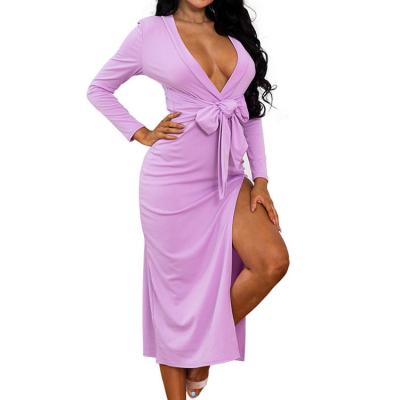 China Wholesale Breathable Sexy Purple V-Neck Sashes Split Long Sleeve Dress Plus Size Ladies Casual Dresses for sale