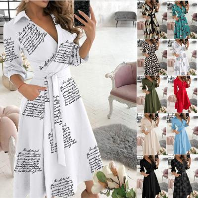 China Breathable Wholesale Letter Printed V-neck Long Sleeve Elegant Shirt Dresses Basic Chic Women Casual Dress for sale