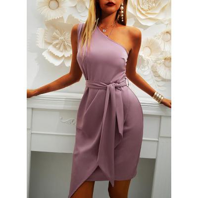 China Breathable Elegant One-Shoulder Ladies Office Dress Sleeveless Purple Career Bandage Dress For Women for sale