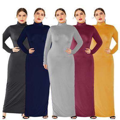 China Anti-wrinkle Women's Modest Cheap Elastic Plain Dyed Maxi Dress Muslim Long Sleeve Knit Plus Size Casual Dresses for sale