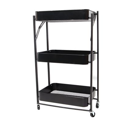 China Morden 3 Tier Kitchen Storage Cart With 3 Tier Foldable Rolling Cart On Wheels Home Use Supplies Metal Hand Fold Shelf Rack for sale