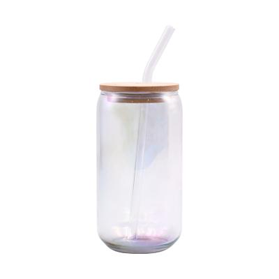 China Viable Radium Water Bottle Clear Glass Coffee Mug Can Shaped Glass Cup With Bamboo Lid And Straw for sale