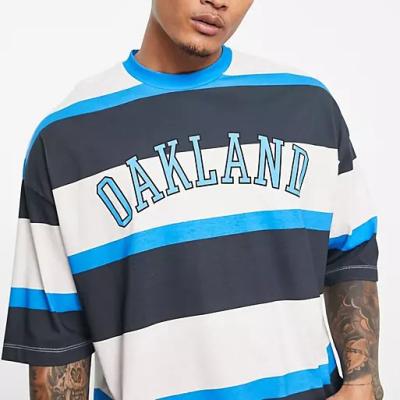 China Oversized Anti-Wrinkle Stripe T-Shirt in Gray with Oakland Print for sale