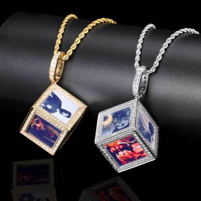 China Lead Free Nickel Free Hip Hops 18K Gold Plated Full Diamond Picture Necklace Geometric Cube Memory Necklaces For Rapper for sale