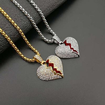 China European Hiphops Hotselling Hip Hops Paves 316L Stainless Steel Crystal Broken Heart Pendant Necklace for sale