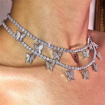 China New Design Environmentally Friendly European Women's Hips Hops Rhinestone Crystal Butterfly Tennis Chain Necklace Bling for sale