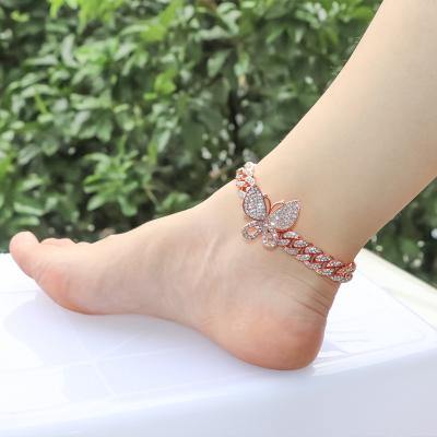 China 2020 Fashion Nickel Free Lead Free Hip Hops Bracelet Rose Gold Butterfly Anklet Miami Crystal Cuban Chain Butterfly Ankle For Women for sale