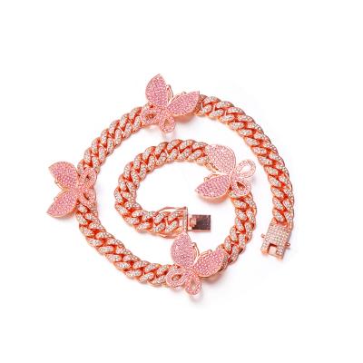 China Hotselling Lead Free Nickel Free Personalized Hips Hops Cuban Chain Necklace Rose Gold Butterfly Necklace 12mm Rhinestone Crystal for sale